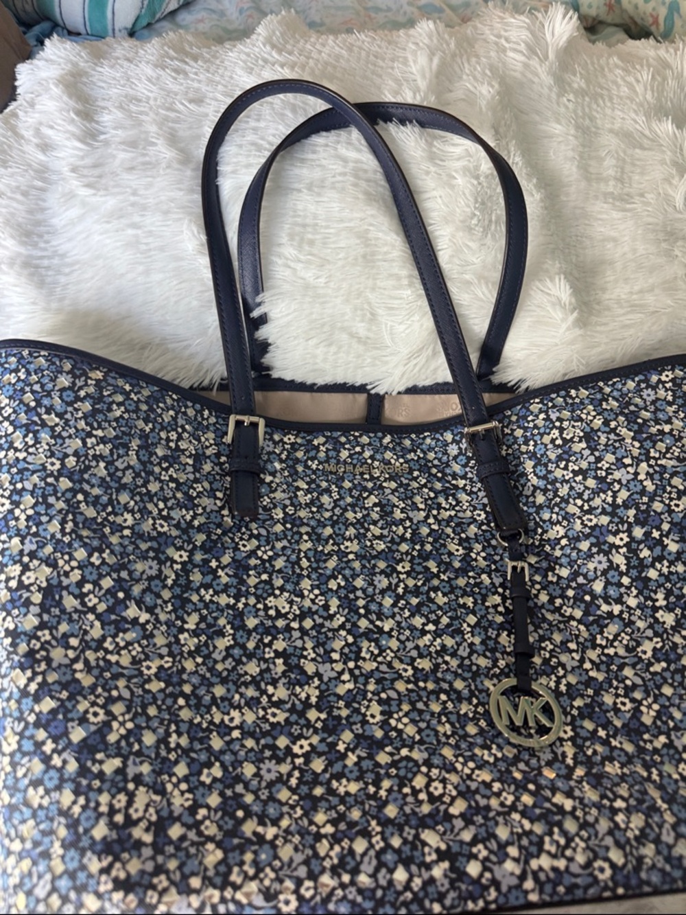 Michael Kors Navy and Cream Floral Print Tote